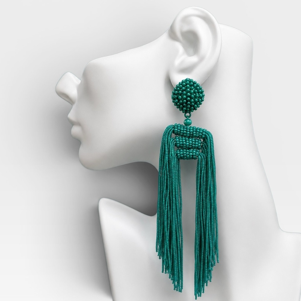 Emerald Green Beaded Tassel Drop Earrings